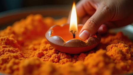 Dashahra, India. An extreme close-up revealing the beautiful texture of rangoli powder and a traditional oil lamp. A sensory detail shot that captures the essence of the festival.の素材