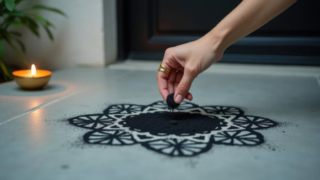 Dashahra, India. A contemporary take on rangoli: geometric patterns in black powder on concrete, with a modern brass lamp. Blends traditional ritual with minimalist design.の素材