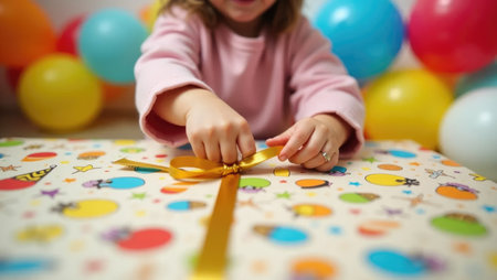The joy of a birthday surprise! Child's hands tear open bright wrapping paper amidst a festive blur of confetti and balloons, full of excitement.の素材