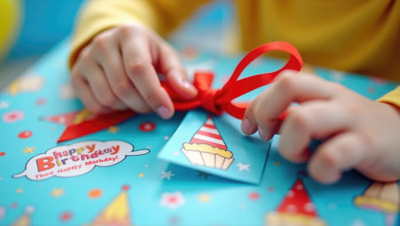 The joy of a birthday surprise! Child's hands tear open bright wrapping paper amidst a festive blur of confetti and balloons, full of excitement.の素材