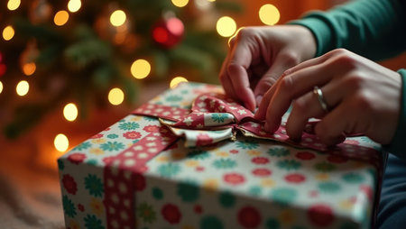 A moment of joyful anticipation: hands eagerly unwrap a festive gift. Torn paper and a soft bokeh background of Christmas lights create a magical atmosphere.の素材