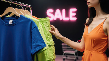 Mans Hands Choosing Discount Masculine hands selecting casual clothes under banner at outdoor market. Realistic, urban, great for mens fashion, streetwear, or seasonal sale ads.Hoodie and Jeans at Street Market Sale. High quality photoの素材