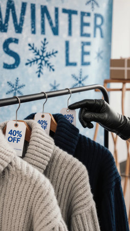 Winter sale scene: gloved hands feel cozy knits under seasonal banner. Perfect for holiday campaigns, cold-weather fashion, or December promotions.の素材