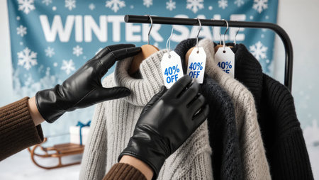 Gloved Hands Browsing Winter Sweaters Under WINTER SALE Bannerの素材