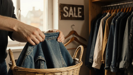 Hands Folding Vintage Denim into Wicker Basket in Thrift Storeの素材