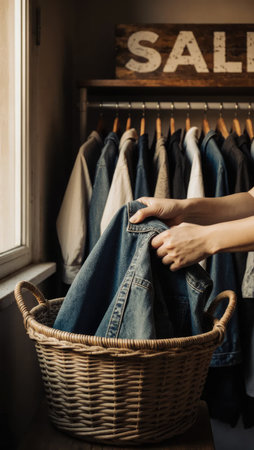 Hands Folding Vintage Denim into Wicker Basket in Thrift Storeの素材