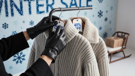 Gloved Hands Browsing Winter Sweaters Under WINTER SALE Bannerの素材