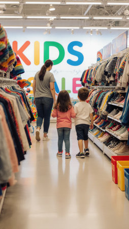Family Shopping During Kids Sale in Bright Store with Colorful Bannersの素材