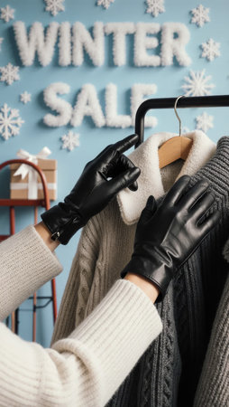 Gloved Hands Browsing Winter Sweaters Under WINTER SALE Bannerの素材