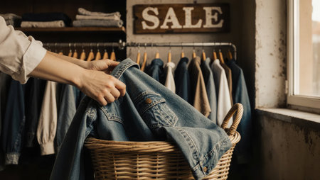 Hands Folding Vintage Denim into Wicker Basket in Thrift Storeの素材