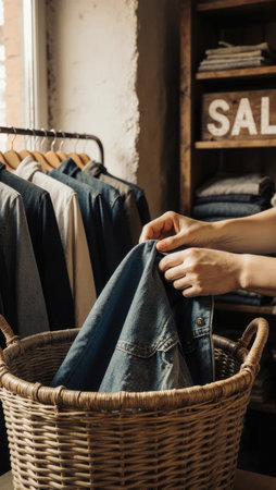 Hands Folding Vintage Denim into Wicker Basket in Thrift Storeの素材