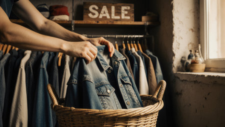 Hands Folding Vintage Denim into Wicker Basket in Thrift Storeの素材
