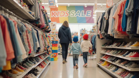 Family Shopping During Kids Sale in Bright Store with Colorful Bannersの素材