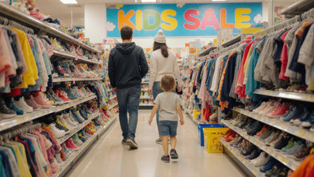 Family Shopping During Kids Sale in Bright Store with Colorful Bannersの素材