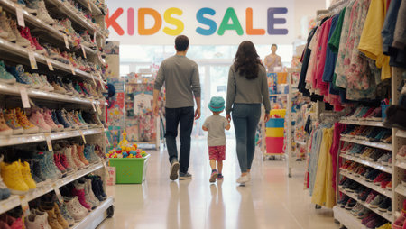Family Shopping During Kids Sale in Bright Store with Colorful Bannersの素材