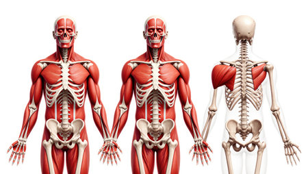 Skeleton with color-coded major muscles shown in translucent red for anatomical clarityの素材