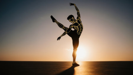 Artistic representation of human movement and anatomical harmony in golden hourの素材