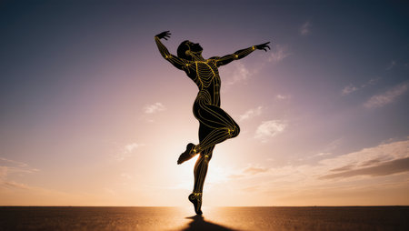 Artistic representation of human movement and anatomical harmony in golden hourの素材