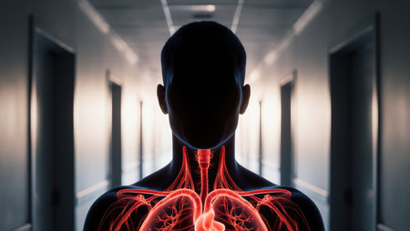 Anonymous figure with illuminated blood vessels under skin in clinical environmentの素材