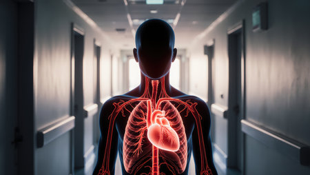 Anonymous figure with illuminated blood vessels under skin in clinical environmentの素材