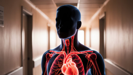 Anonymous figure with illuminated blood vessels under skin in clinical environmentの素材