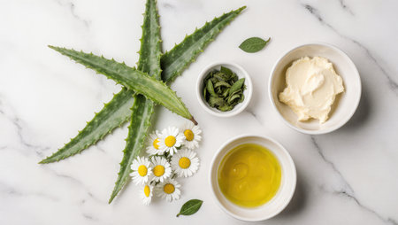 Fresh botanicals and oils arranged for clean beauty concept, no packagingの素材