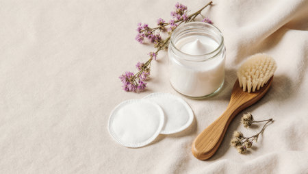 Eco-friendly skincare tools arranged in minimalist compositionの素材