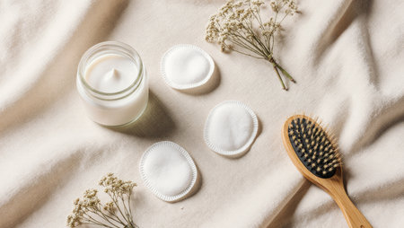 Eco-friendly skincare tools arranged in minimalist compositionの素材