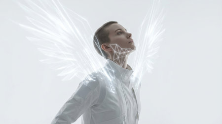 A dynamic 4/5 portrait of a person looking up, with bright, white data lines rapidly ascending from their shoulders and back, merging with a glowing geometric pattern on the jawline. white background.の素材