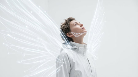 A dynamic 4/5 portrait of a person looking up, with bright, white data lines rapidly ascending from their shoulders and back, merging with a glowing geometric pattern on the jawline. white background.の素材