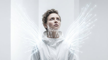 A dynamic 4/5 portrait of a person looking up, with bright, white data lines rapidly ascending from their shoulders and back, merging with a glowing geometric pattern on the jawline. white background.の素材