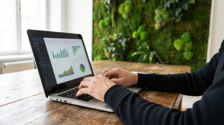 Freelancer typing on laptop in biophilic workspace. Interior with vertical garden and natural light. Sustainable business concept.の素材