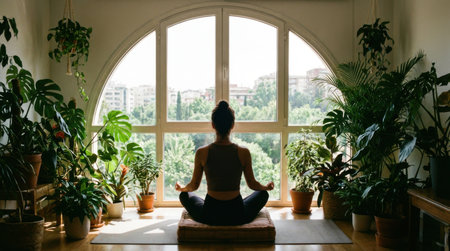 Person Relaxing in Cozy Futuristic Living Room with Indoor Treesの素材