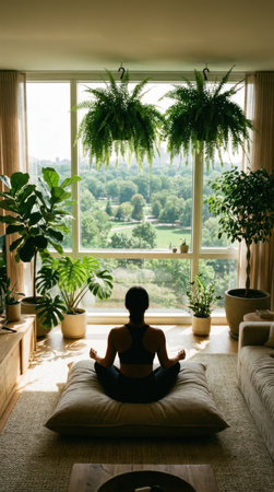 Person Relaxing in Cozy Futuristic Living Room with Indoor Treesの素材