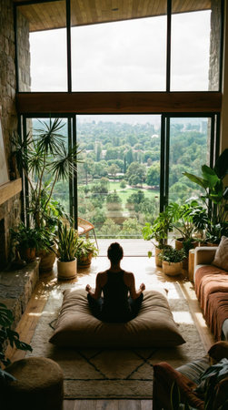 Person Relaxing in Cozy Futuristic Living Room with Indoor Treesの素材