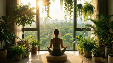 Person Relaxing in Cozy Futuristic Living Room with Indoor Treesの素材