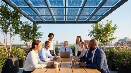 Business Team Collaborating on Green Rooftop with Solar Canopyの素材