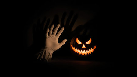 A minimalist Halloween image: ghostly hands hold a pumpkin, casting a huge and terrifying shadow. Simple, stark, and powerfully eerie.の素材