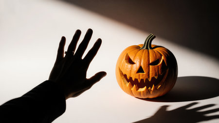 A minimalist Halloween image: ghostly hands hold a pumpkin, casting a huge and terrifying shadow. Simple, stark, and powerfully eerie.の素材