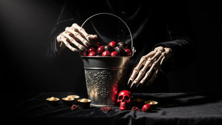 Skeletal hands arrange an elegant selection of dark chocolates and red candies on velvet. A sophisticated and moody take on Halloween treats.の素材