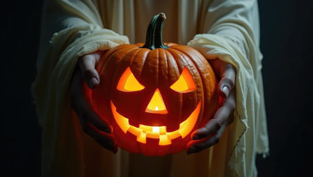 A mysterious pair of ghostly hands holds a glowing Jack-o'-lantern. The eerie light illuminates the tattered fabric, creating a perfect Halloween atmosphere.の素材