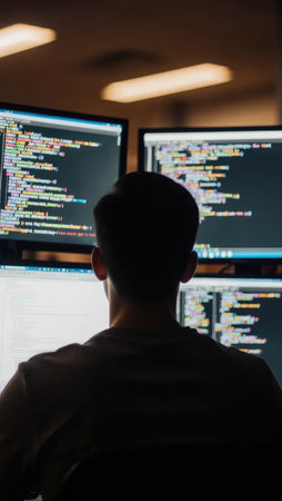 Professional working with large language model visualizations at nightの素材