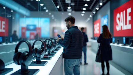High-tech retail scene: shoppers explore gadgets during calm Black Friday start. Digital banners, sleek interior. Ideal for tech brands, e-commerce, or holiday ads.の素材