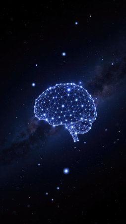 Luminous web of connections showing how language model focuses on wordsの素材