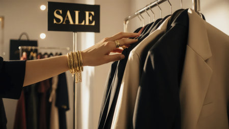 Luxury hands choosing gowns under END OF SEASON sign. Gold tags, silk fabrics, golden light. Perfect for high-end fashion, department stores, or seasonal clearance ads.の素材