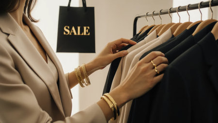 Luxury hands choosing gowns under END OF SEASON sign. Gold tags, silk fabrics, golden light. Perfect for high-end fashion, department stores, or seasonal clearance ads.の素材