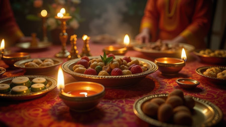 An intimate, moody still life of a Diwali thali illuminated solely by the warm glow of oil lamps, creating a sacred and atmospheric feeling of celebration.の素材