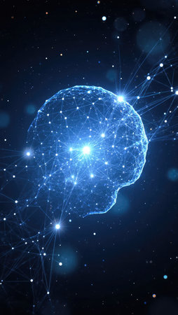 Luminous web of connections showing how language model focuses on wordsの素材