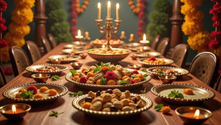 A lavish Diwali feast table overflowing with sweets, snacks, and lit oil lamps. A scene of abundance, joy, and generous hospitality for the festival of lights.の素材