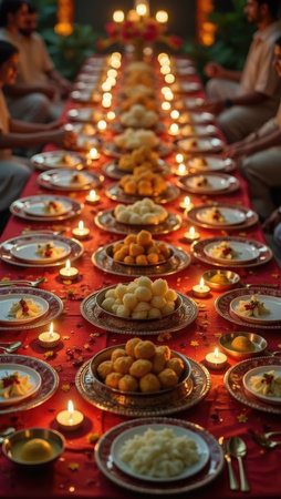 A lavish Diwali feast table overflowing with sweets, snacks, and lit oil lamps. A scene of abundance, joy, and generous hospitality for the festival of lights.の素材
